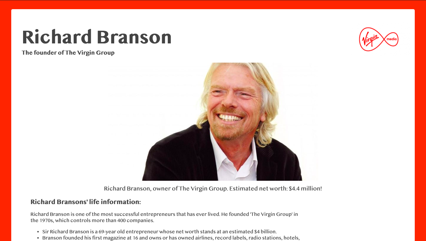 Richard Branson Tribute page
